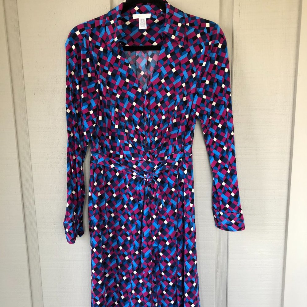 London Times Geometric Wrap Midi Dress - Blue, Pink, Black